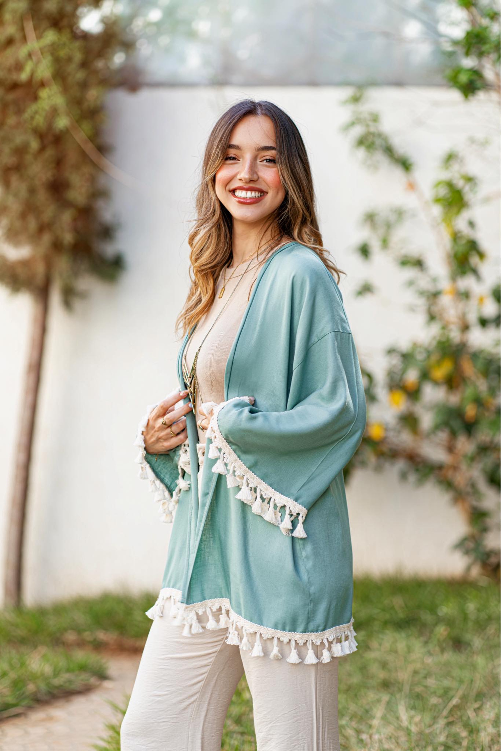 KIMONO À FRANGE VERT