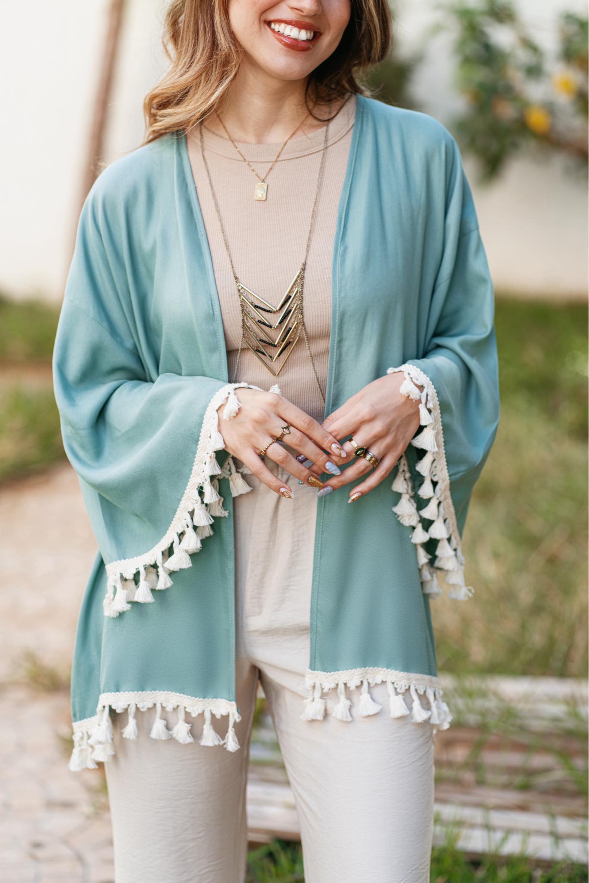 KIMONO À FRANGE VERT